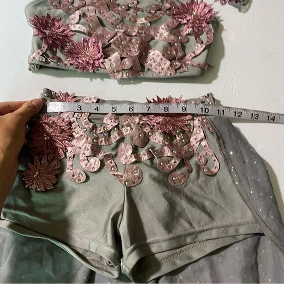 Glamour solo dance costume custom silver gray 2 piece skirt crop top XLC child - Picture 10 of 13